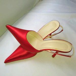 Plain Satin Pointed Toe Slingback Sandals Red Sox. 8/8.5